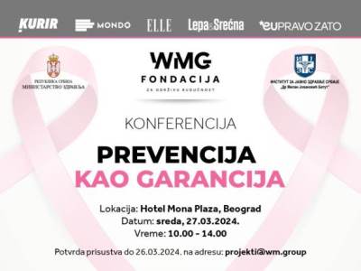 Konferencija "Prevencija kao garancija" održava se u sredu, 27. marta, u hotelu Mona Plaza u Beogradu, a partneri ovog projekta su WMG fondacija, Ministarstvo zdravlja i Institut za javno zdravlje "Dr Milan Jovanović Batut".