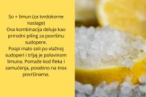 Soda bikarbona + sirće (dubinsko čišćenje) Soda bikarbona i sirće zajedno prave blagu reakciju koja razgrađuje prljavštinu i masnoću. Pospi sudoperu sodom bikarbonom, pa prelij sirćetom. Ostaviti  (2).jpg