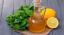 Domaći sirup od nane i limuna u flaši na stolu