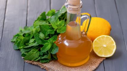 Domaći sirup od nane i limuna u flaši na stolu