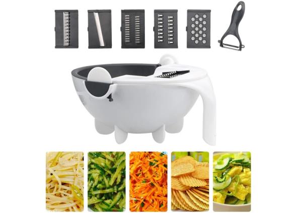 GLAVNA U KUHINJI: Multifunkcionalna posuda sa 6 nastavaka za seckanje + ljuštilica + cediljka za samo 1.190 rsd!